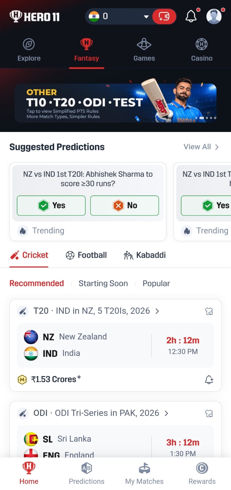 Hero11 fantasy cricket app screenshot showing cricket match predictions, T20 and ODI fixtures, team details, and sports categories.