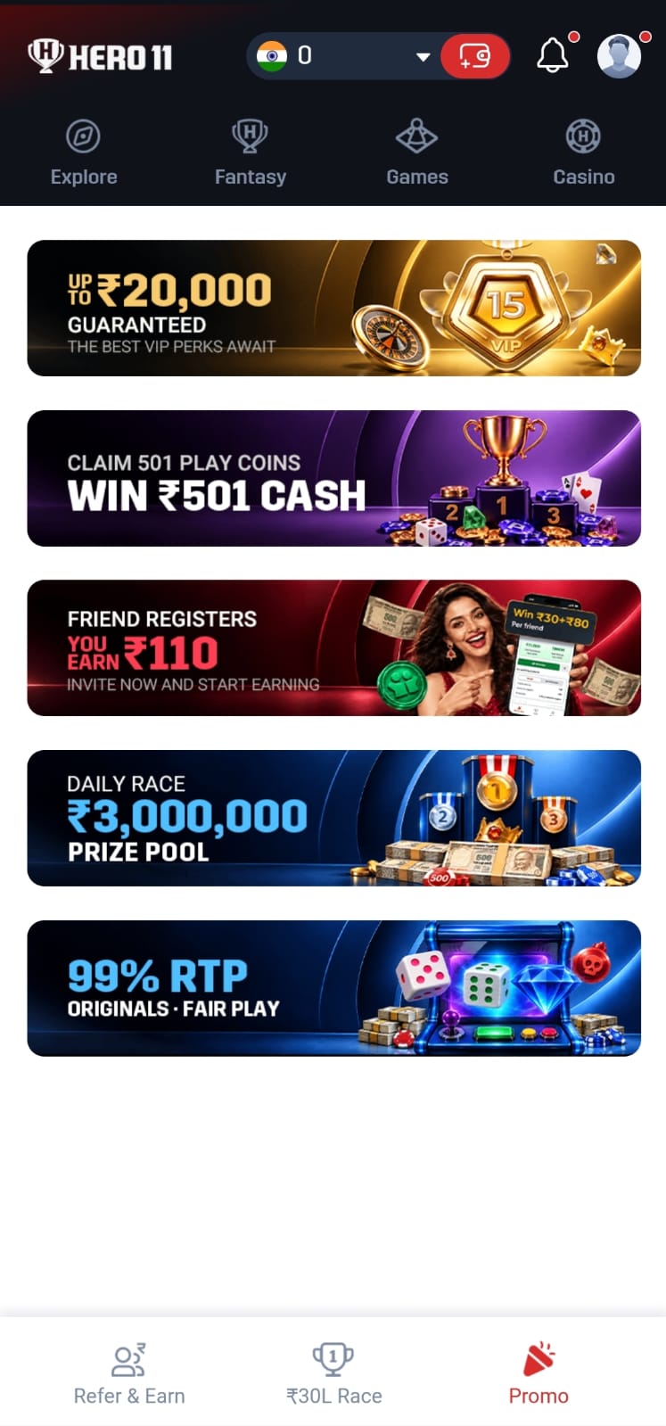 Hero11 game app screenshot showing gaming categories, VIP offers, referral rewards, promotions, and leaderboard prizes.