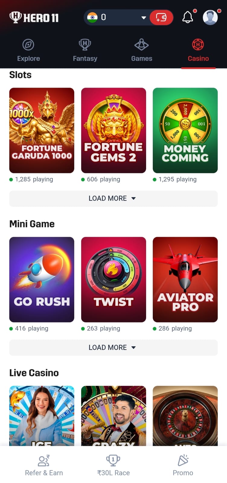 Hero11 game app screenshot showing slots, mini games, and live casino categories with colorful game thumbnails.