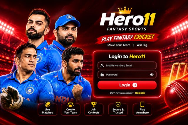 Hero11 Game Login Guide with Indian Cricket Players and Fantasy Cricket Stadium Copy Alt Text
