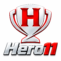 Hero11 gaming logo with a silver and red 3D shield emblem on a white background